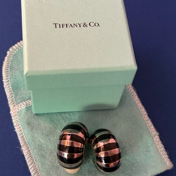 Vintage Tiffany & Co 925 Silver Black Blue Enamel Shrimp Omega Earrings - Picture 12 of 14